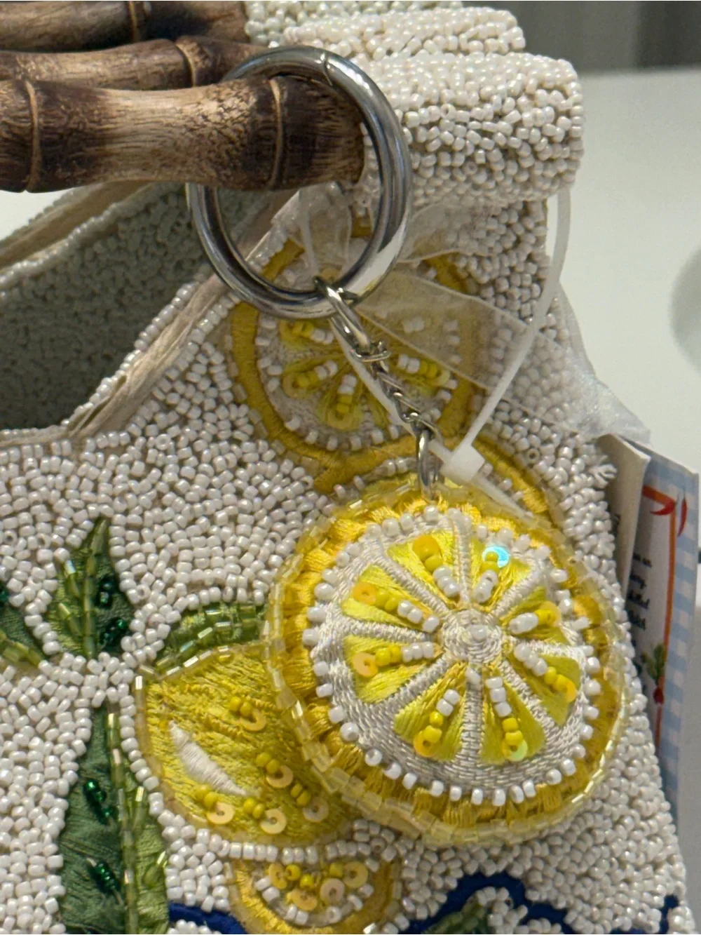 Beaded Lemon Motif Wristlet Clutch in Yellow & Blue NWT
